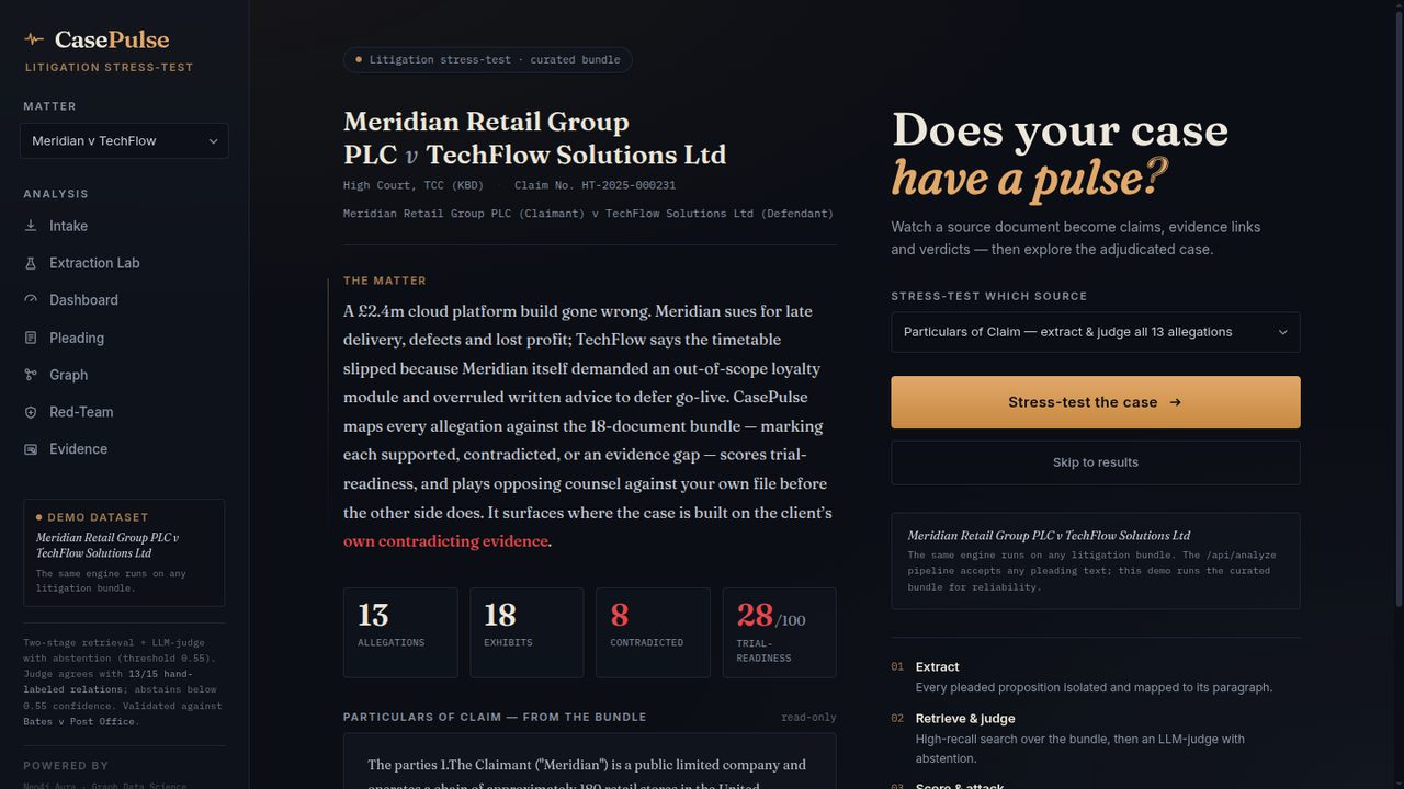CasePulse litigation stress-test interface